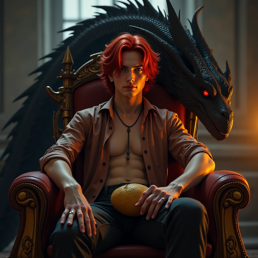 Handsome hot body . Sando The scene unfolds with a striking and self-assured ager seated regally on an ornate throne, exuding an aura of quiet confidence. Their crimson red hair cascades down in loose waves, glowing like embers under the dim light, perfectly complementing their piercing crimson eye—a gaze that seems to hold secrets beyond their years. The other eye is concealed by a few strands of hair, adding an air of mystery.

Despite the grandeur surrounding them, this cool  nonchalantly holds a simple potato—its earthy simplicity contrasting sharply with the opulence of the moment, almost as though it's a symbol of their grounded nature amidst all the power.

Behind the throne looms a massive black dragon, its obsidian scales glinting faintly in the low light. Its golden eyes gleam with intelligence and loyalty, watching over the young ruler like a guardian spirit. Smoke curls lazily from its nostrils, blending into the misty atmosphere, while its presence adds both intimidation and majesty to the tableau.

This image captures the essence of paradox: raw power tempered by humility, ancient strength paired with youthful rebellion, and the extraordinary intertwined with the mundane—all embodied by a single figure holding court over their world, one potato at a time.