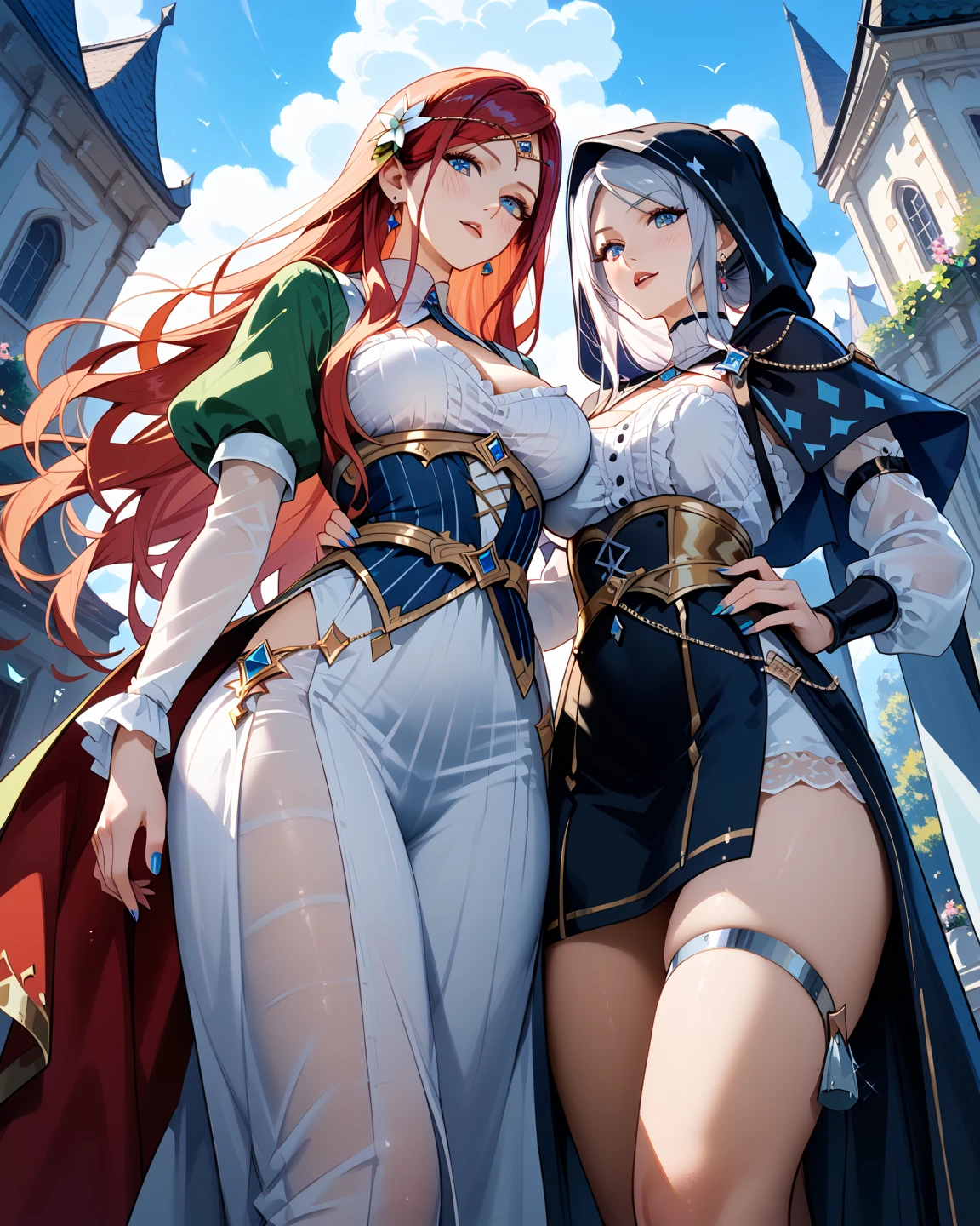 High format commercial full frame , (android 21:1.2), tall, (curvaceous scientist) with glasses, (long bushy auburn hair), wears a (pair of hoop earrings), sleeveless, (short blue and red checker pattern high-neck minidress:1.2), (round breasts), (butt), (wide hips:, (slim waist:1.1), (thick thighs:1.1), (detailed face and eyes:1.2), (opaque black tights:1.1), matching black detached arm sleeves, blue (left foot) and red (right foot) (ankle heel boots:1.1), (gold tips), (lab coat), (detailed hand and finger:1.2), (medium breasts:1.2), (busty),cleavage:1.2), a outline:1.3)teat:1.3).