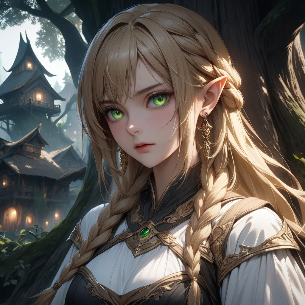 ((extreme quality)), ((Masterpiece)), ((Enrich the picture，Masterpiece level quality)), golden hair, Braided Hair, ??????????????, green eyes, fierce woman, ultra eyes details, RAW 4K, Realistically , ((great effect to highlight the subject)) , ( cinematic lighting, moody, textile shading), perfect proportions, ultra detailed, volumetric lighting, soft lighting, glossy skin, beautiful face, Special face details, strong emotions, elegant gesture, Detailed facial features, Long eyelashes, contrast, Incredible atmosphere, Fascinating setting, Haunting beauty , ear rings, High elf, หน้านิ่ง, black Elf cloth, Massive tree house city, A lot Tree House,