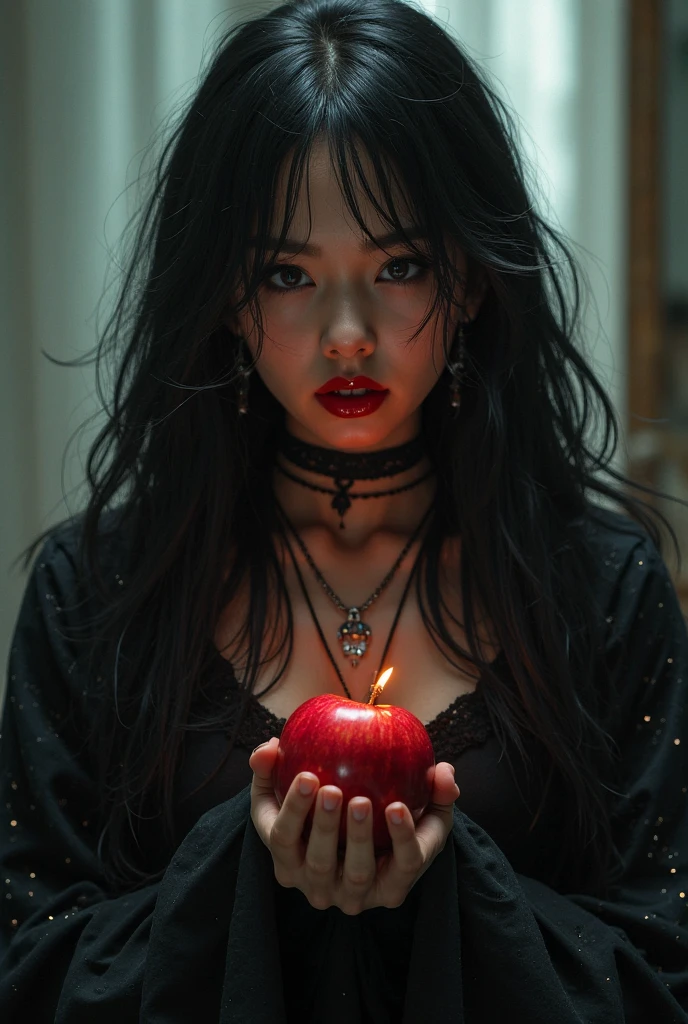 ((RAW Photo), absurd, (absurdresolution)), masterpiece, best quality, (Extremely detailed 8k unity CG wallpaper), (best illustration), (best shadow), Realistic lighting, beautiful detailed glow, ((21 years old)), girl, long black hair, black queen, accessories, apple in hand, poisoned apples, witch queen, red lipstick, (((Photographic Perspective of her)))