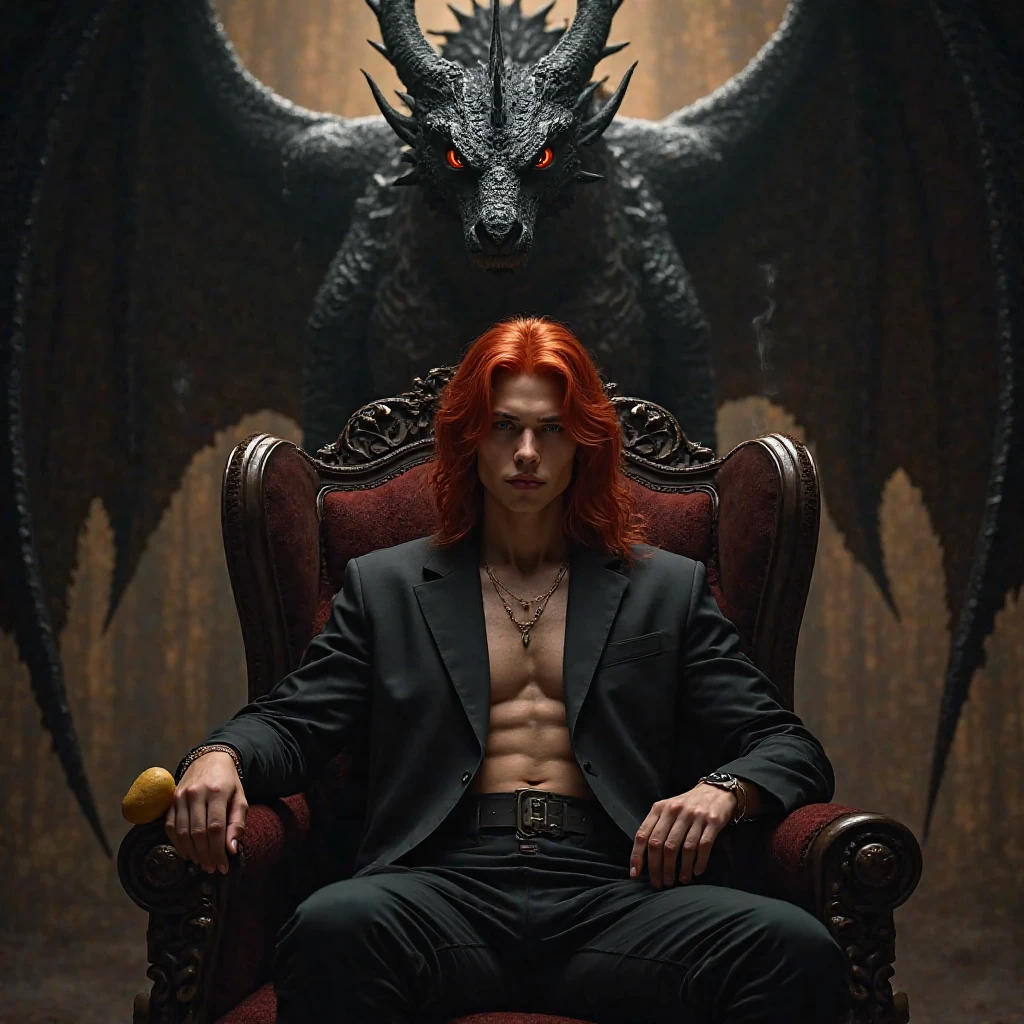 Hot  boy. The scene unfolds with a striking and self-assured ager seated regally on an ornate throne, exuding an aura of quiet confidence. Their crimson red hair cascades down in loose waves, glowing like embers under the dim light, perfectly complementing their piercing crimson eye—a gaze that seems to hold secrets beyond their years. The other eye is concealed by a few strands of hair, adding an air of mystery.

Despite the grandeur surrounding them, this cool  nonchalantly holds a simple potato—its earthy simplicity contrasting sharply with the opulence of the moment, almost as though it's a symbol of their grounded nature amidst all the power.

Behind the throne looms a massive black dragon, its obsidian scales glinting faintly in the low light. Its golden eyes gleam with intelligence and loyalty, watching over the young ruler like a guardian spirit. Smoke curls lazily from its nostrils, blending into the misty atmosphere, while its presence adds both intimidation and majesty to the tableau.

This image captures the essence of paradox: raw power tempered by humility, ancient strength paired with youthful rebellion, and the extraordinary intertwined with the mundane—all embodied by a single figure holding court over their world, one potato at a time.