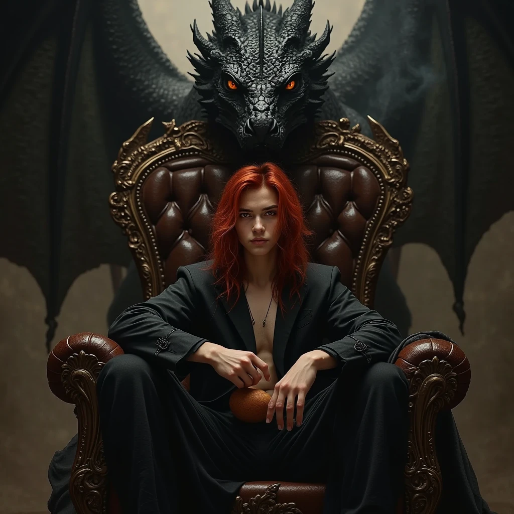 Handsome hot mascular body . The scene unfolds with a striking and self-assured ager seated regally on an ornate throne, exuding an aura of quiet confidence. Their crimson red hair cascades down in loose waves, glowing like embers under the dim light, perfectly complementing their piercing crimson eye—a gaze that seems to hold secrets beyond their years. The other eye is concealed by a few strands of hair, adding an air of mystery.

Despite the grandeur surrounding them, this cool  nonchalantly holds a simple potato—its earthy simplicity contrasting sharply with the opulence of the moment, almost as though it's a symbol of their grounded nature amidst all the power.

Behind the throne looms a massive black dragon, its obsidian scales glinting faintly in the low light. Its golden eyes gleam with intelligence and loyalty, watching over the young ruler like a guardian spirit. Smoke curls lazily from its nostrils, blending into the misty atmosphere, while its presence adds both intimidation and majesty to the tableau.

This image captures the essence of paradox: raw power tempered by humility, ancient strength paired with youthful rebellion, and the extraordinary intertwined with the mundane—all embodied by a single figure holding court over their world, one potato at a time.