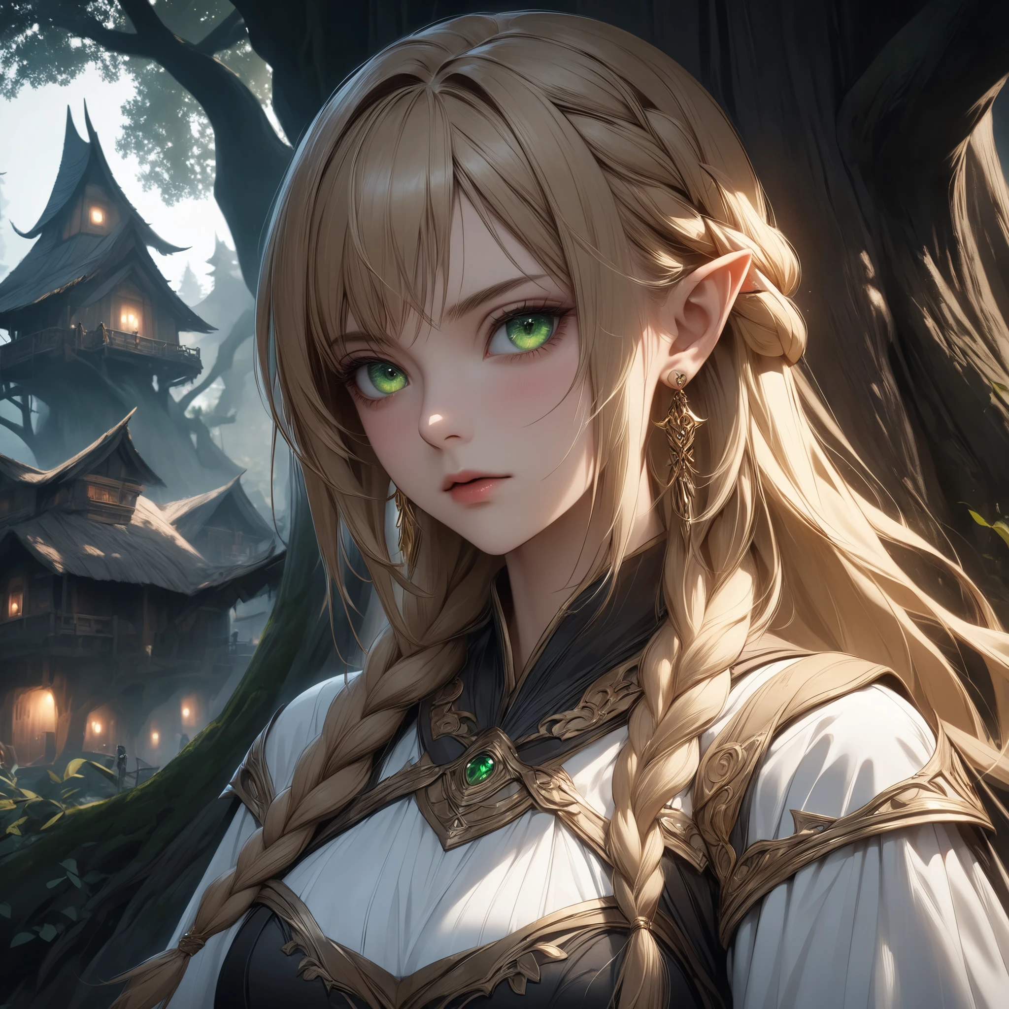 ((extreme quality)), ((Masterpiece)), ((Enrich the picture，Masterpiece level quality)), golden hair, Braided Hair, medium breasts, green eyes, fierce woman, ultra eyes details, RAW 4K, Realistically , ((great effect to highlight the subject)) , ( cinematic lighting, moody, textile shading), perfect proportions, ultra detailed, volumetric lighting, soft lighting, glossy skin, beautiful face, Special face details, strong emotions, elegant gesture, Detailed  features, Long eyelashes, contrast, Incredible atmosphere, Fascinating setting, Haunting beauty , ear rings, High elf, หน้านิ่ง, black Elf cloth, Massive tree house city, A lot Tree House,