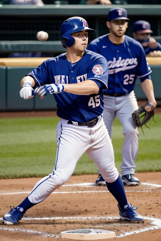 Muscular Roman Todd with facial hair wears LA Dodger baseball uniform, long white pants, high blue socks, black cleats, tight blue gloves, bulge, big penis, short cut hair, baseball helmet, smile, running, full body view