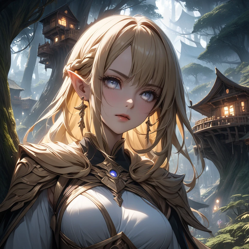 ((extreme quality)), ((Masterpiece)), ((Enrich the picture，Masterpiece level quality)), golden hair, Braided Hair, ??????????????, white eyes, fierce woman, ultra eyes details, RAW 4K, Realistically , ((great effect to highlight the subject)) , ( cinematic lighting, moody, textile shading), perfect proportions, ultra detailed, volumetric lighting, soft lighting, glossy skin, beautiful face, Special face details, strong emotions, elegant gesture, Detailed facial features, Long eyelashes, contrast, Incredible atmosphere, Fascinating setting, Haunting beauty , ear rings, High elf, หน้านิ่ง, black Elf cloth, Massive tree house city, A lot Tree House,