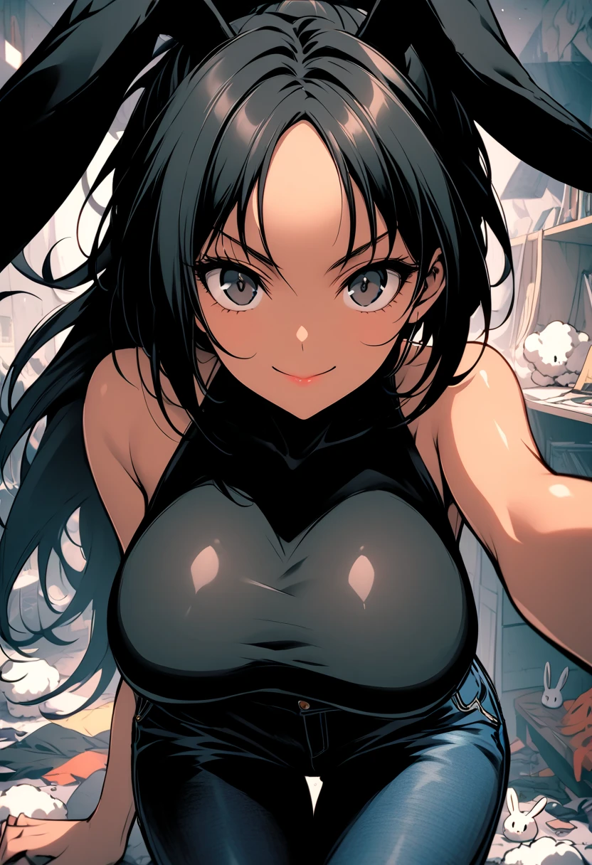 Photos of women with natural skin, Seaside Cave, Shining, Upper Body, Smile, High Ponytail, Black hair with red mesh, Use red eyeshadow to create sharp eyes, Blue-green eyes, Shining eyes, Thin, with an upturned nose, Beautifully shaped lips, Large Breasts, ((Black off-shoulder dress, Spaghetti straps)), barefoot, cosmetic, Carefully crafted，Attention to detail, Energetic, Astonishing, Smooth, Movie, 4K, Backlight, (()), Shallow depth of field, ((Delicate eyes:1.3, Delicate lips:1.3, high quality, )), masterpiece, Ultra-detailed images, high quality