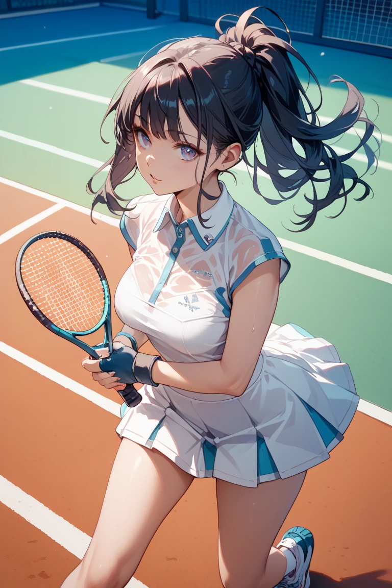  masterpiece, (textured skin), best quality, gorgeous beautiful girl, (a female tennis athlete), detailed clothes,large breasts,narrow waist,, (beautiful face), cinematic lighting, (at tennis venue ),