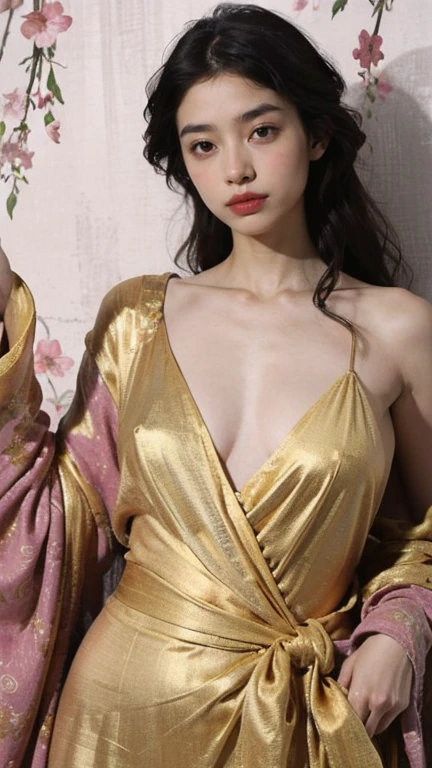 Gold handcuffs on the chain, around the neck, shinny dress 