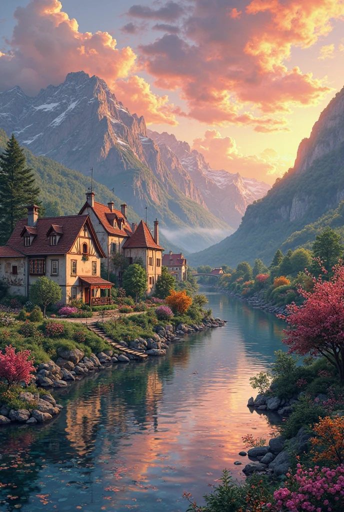 A small town by the river, mountains in the background, colorful floral flowers, detailed landscape, beautiful natural landscapes, atmospheric lighting, scorching sunset, warm colors, practical, photographic, detailed foliage, complex buildings, cobblestone street, charming country house, vibrant colors, lush vegetation, reflections in the water,  picturesque, idyllic, artwork, better quality, 8K, extremely detailed, anime style