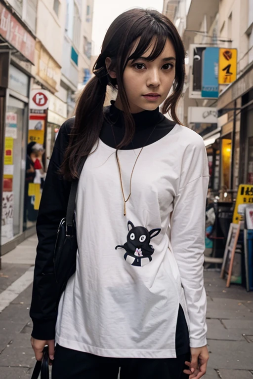 Cat ears with a carrot in its mouth, white hair, long-sleeved black shirt with small pochacco images on the sides