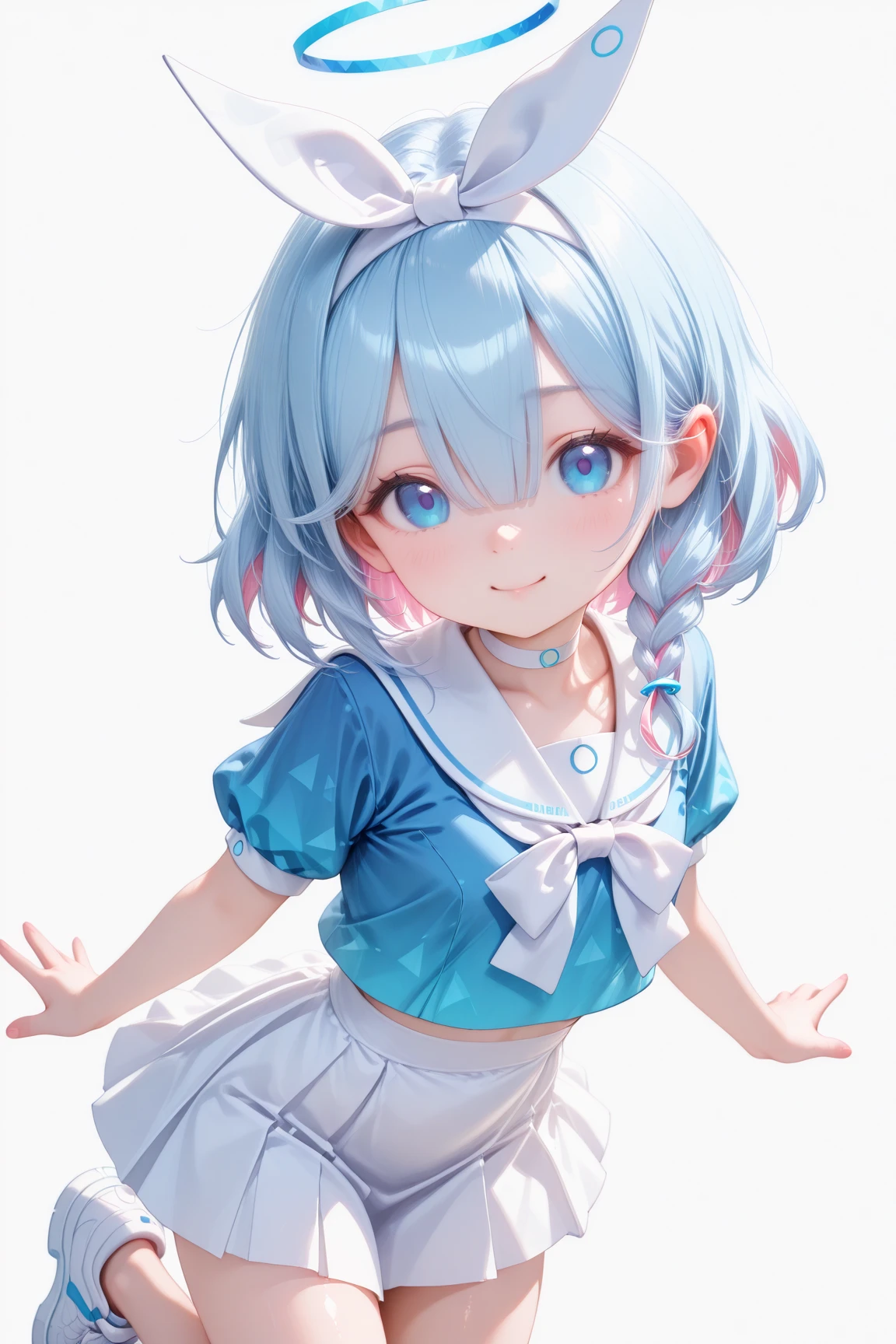 1girl,bowtie,multicolored hair,blue hair,short hair,pink hair,white bow hairband, halo,hair over one eye, blue eyes,clothed,masturbation,crotch grab,highest quality, masterpiece, High resolution, blush, 1 girl,orgasm, flat chest,(naked),female masturbation,1 boy,cum in mouth,closed mouth,Blowjob,