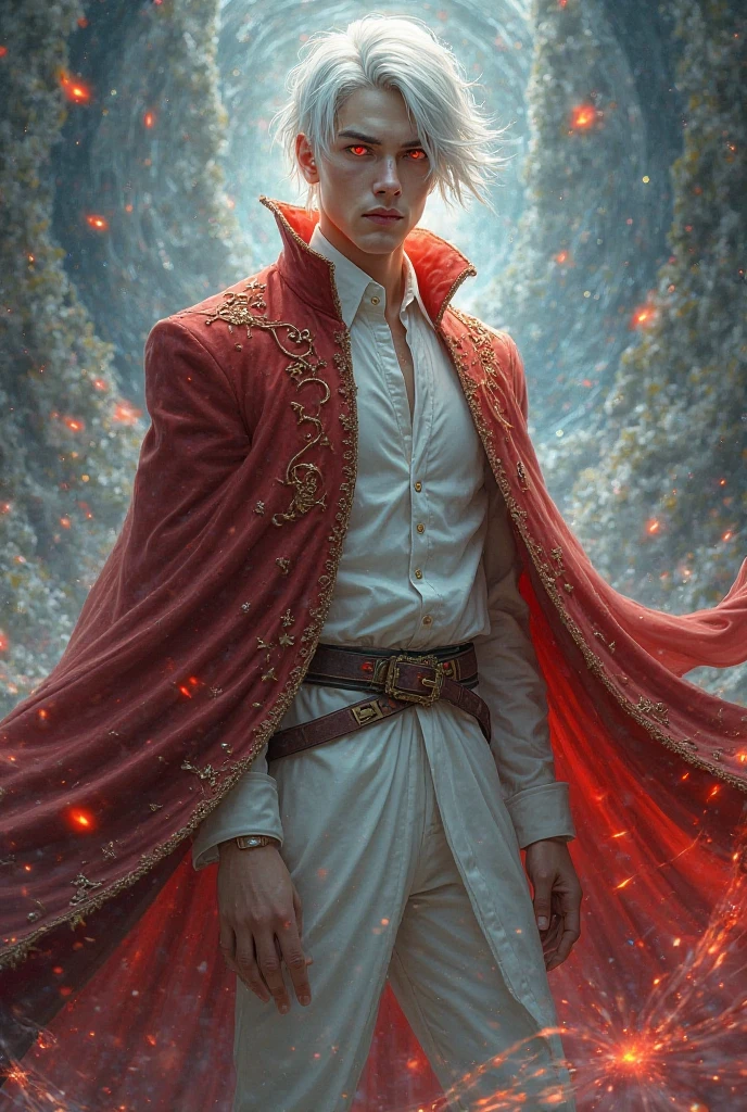 A handsome young wizard, his hair is medium and white with red eyes, His clothes are elegant white and a red wizard's robe 