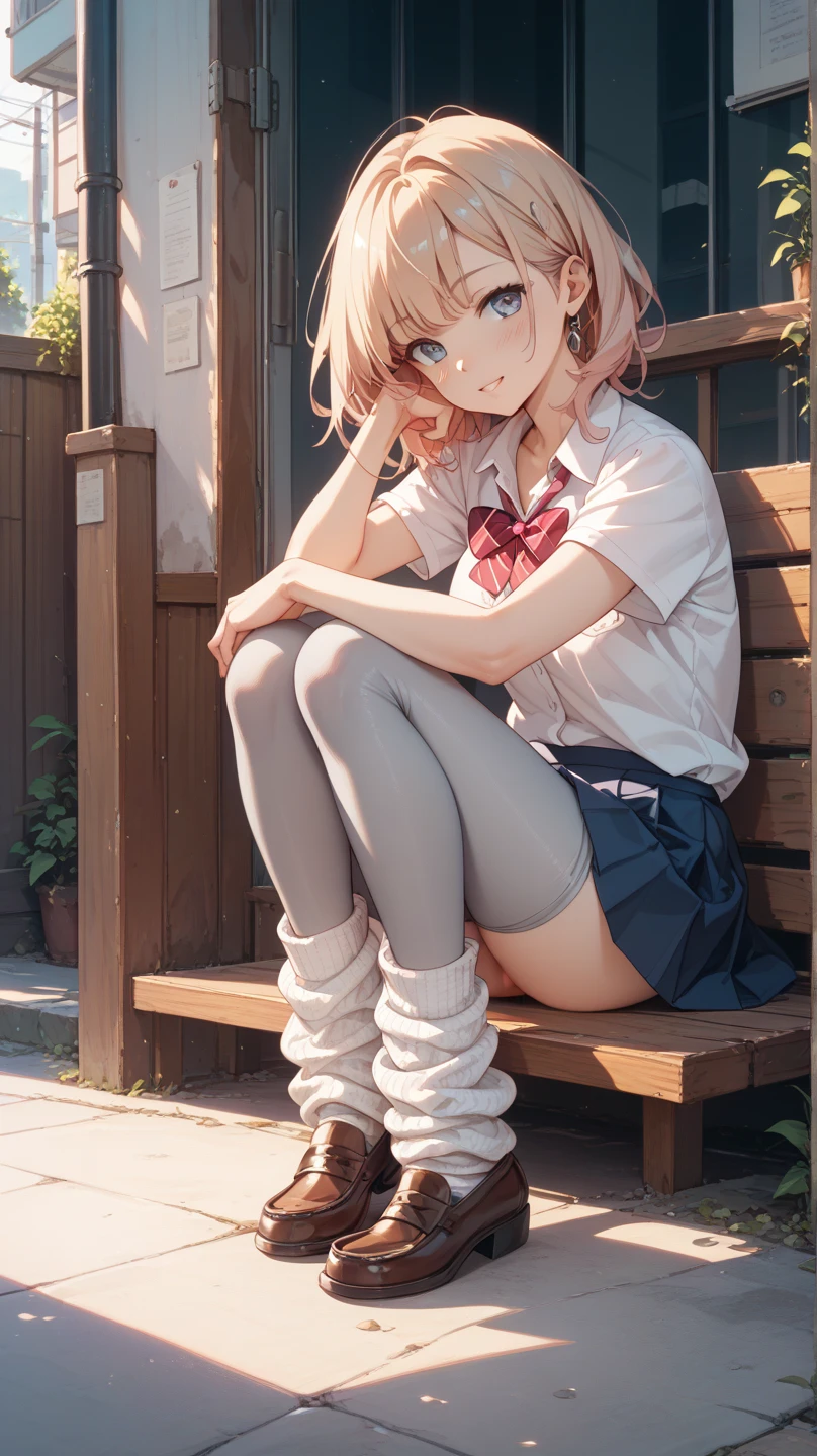 (tmasterpiece,top-quality,best qualityer,offcial art,Beauty and aesthetics:1.2),(1girll:1.5),extremy detailed,(s fractal art:1.3),rich colourful,highest details,s the perfect face,Sitting on the steps, hdr, Full background,(DOA:1.3), Skirt,Small top,(light stre),striking visual effects,dynamic streaks,Luminous trajectory,vivd colour,Bare legged,White cotton socks, Perfect leg shape, ((leg loops)), Solo , Looks sweet, Smile, view the viewer, JK, Lace, Single horsetail, hair splayed out, Cortical leg ring, Lace leg loops, Almost revealing panties, Small skirt to the knee, Lift the skirt with one hand,Expose part of the panties, ((No shoes)), Beautiful face, Nice legs, Full body appearance, Reach for the camera, without wearing shoes, Wear only socks, The socks have lace, an off-the-shoulder top, The sleeves are translucent, Lift the skirt with one hand, Disgusted eyes, Two feet exposed, white stockings,lace-trimmed, ((loose socks)), Lift the corner of the skirt, Tie a strap around your thigh,Two feet one in front and one behind,Clear leg lines