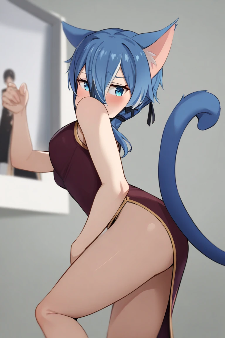 (masutepiece:1.2, Best Quality, Photo Real Stick), 1girl in, femele_Shamar \(FFXIV\), (Cool Beauty), a pixie cut, Blue hair, ((Cat ears, Cat tail:1.2, (Real Tail))), ((Lack of human ears:1.2, Ears without pins:1.2)), Bright cyan eyes, middlebreasts, ((Crimson tattoo on the upper back)), ((See-through camisole:1.4, No bra, See-through Short Gym Pants, )), ((1 shot of training in the park)), Miles lightly without opening your mouth, Fantasy background,