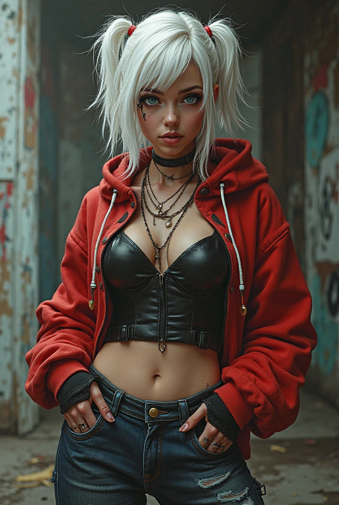 Sexy girl with white hair ears pierced and nose pierced with a red hoodie is worn out skin tight jeans and old boots