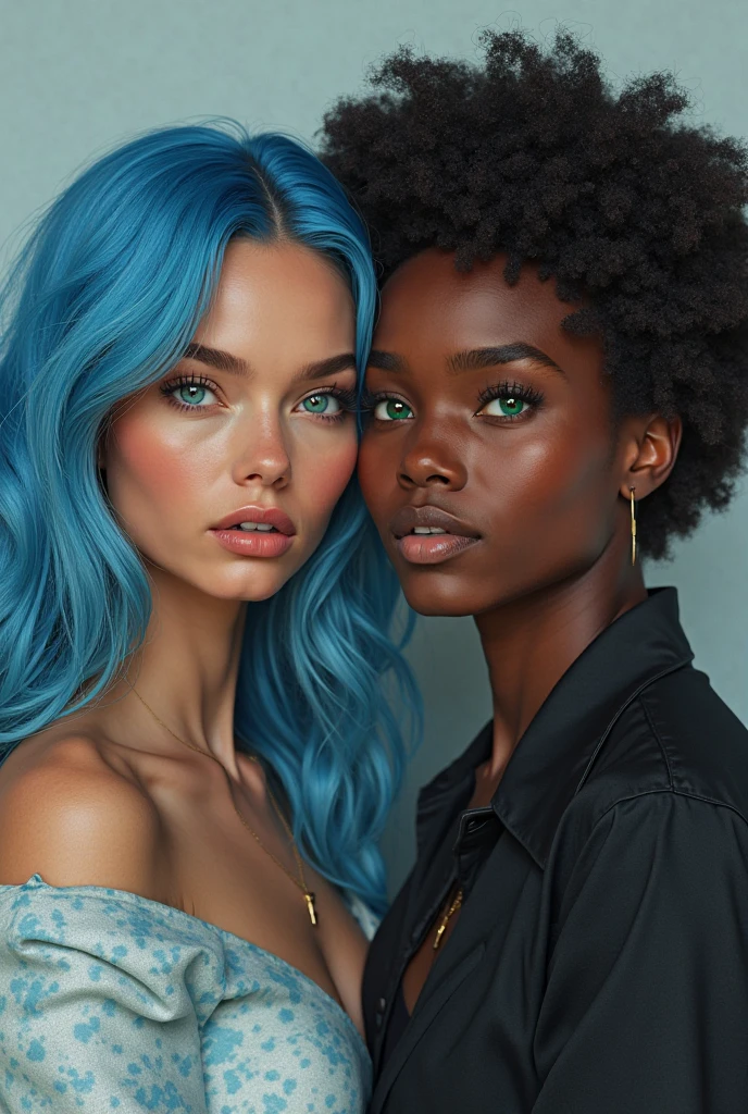 1 beautiful biracial women with blue hair with 1 beautiful white woman with dark hair in dress, lay in a field of blue flowers
