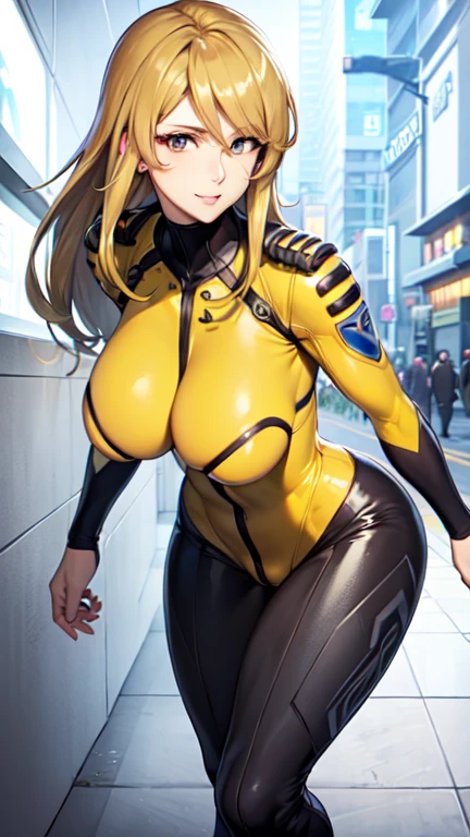 (8k, RAW photo, top quality, masterpiece: 1.2), (realistic, photoreal: 1.37), 1 girl, (Kpop idol), (glamorous monkey: 1), hair ornament, portrait, cute, cityscape, night, wet, professional lighting, photon mapping, radiosity, physically based rendering, thigh socks, smile, pose, blonde, tight clothes, (latex bodysuit), ( yellow bodysuit), shiny pants, spread, women,