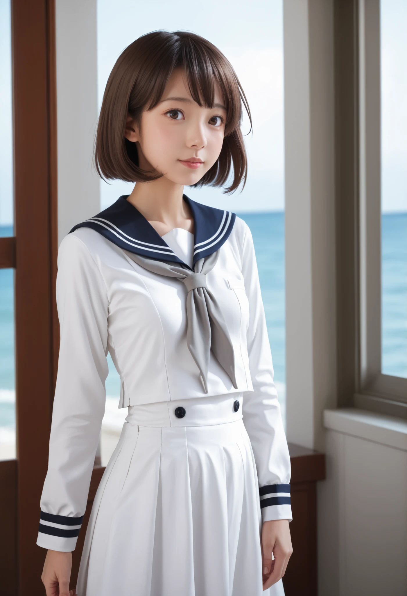 realistic, pictures, (cute:1.2),score_9,score_8_up,score_7_up,sauce_anime,cowboy shot,masterpiece,top quality,Detail Background,very detailed,1 girl,1 girl,yukikaze (KanColle), brown hair, brown eyes in the oral vagina,small breasts,short hair, sailor dress,dress,sailor color,long sleeve,neckerchief,grey neckerchief,white dress,black sailor color,dawn,looked back,sea