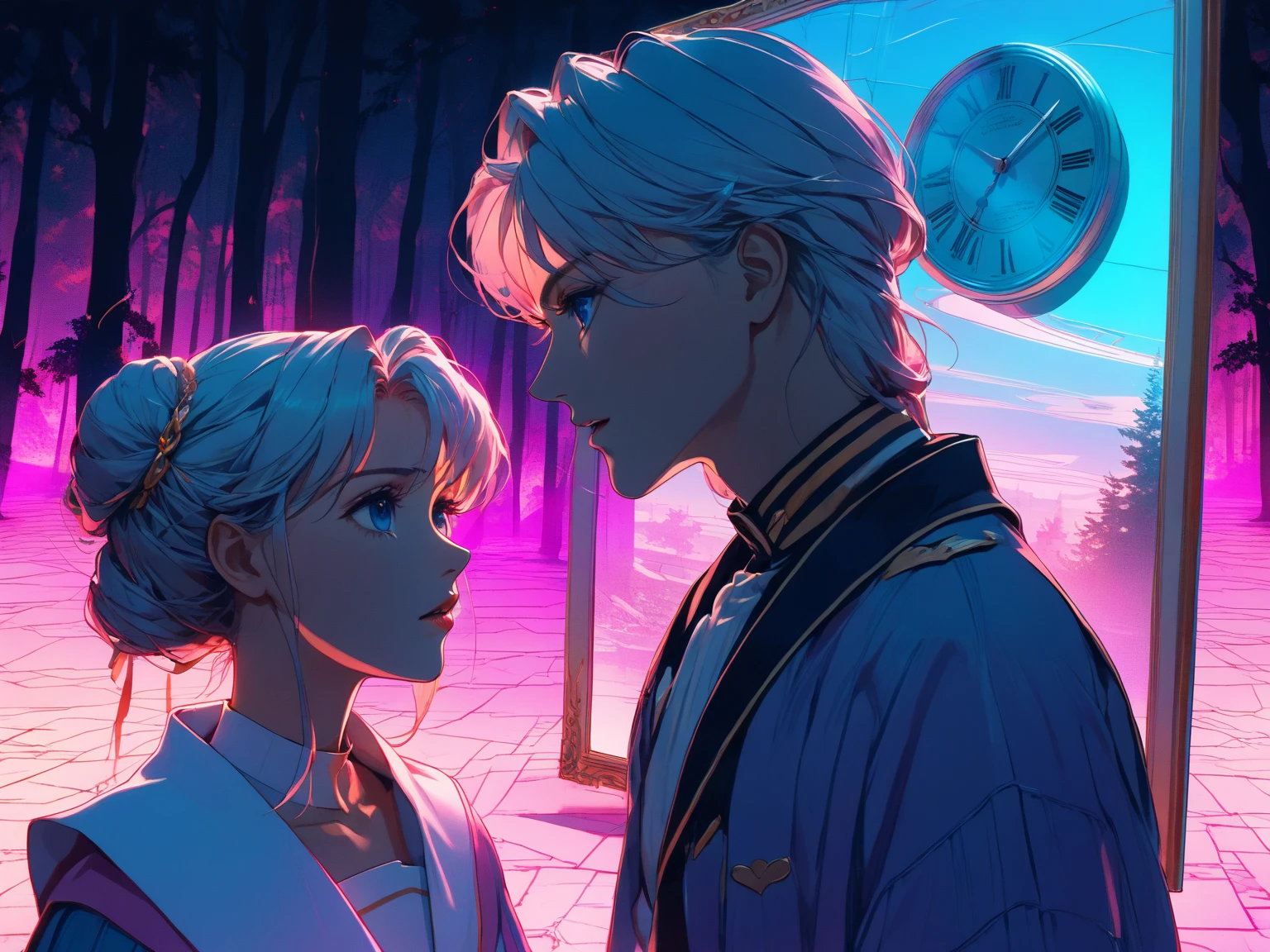 (Shoujo Kakumei Utena Style shadow picture:1.5),(sシルエット) ,(vaporwave:1.5),Cyber nostalgia explosion,Glitch Effects,pink gradation, (masterpiece, best quality:1.2, 8k,16k,high-resolution,(Mirror clock:1.3)（Dark Forest:1.3),Fantasy World、It suddenly happened one day, and the beginning was a letter, and the sender lived a long time ago, such a mysterious encounter

There are things like this in my time now, and we live like this, a romance that somehow blossomed while we were putting it into letters and communicating with each other

Words spelled from each of our worlds that we will never meet without even knowing how to solicit feelings

I'm always waiting impatiently for your words, I live in a different era, but I want to communicate with you over and over again if your wishes come true, I want to meet you because it's fine at first sight because I like you

What I suddenly remembered was the era you live in, what will happen tomorrow, if I have to tell you sad things, please wake up, miracle

Passing by and the changing seasons, letters that have been interrupted since then, only words that don't arrive anymore tighten my heart

I'm still walking in the future that you wanted to see 100 years far away, now I'm still walking, the letter that arrived to me with painful feelings in my heart looks familiar and the characters I've been waiting for

It's the last love letter you wrote to me beyond that day, I'll hold on to the proof that you lived in your time even after eight generations, and I'm going to tell you all that I see in my time someday