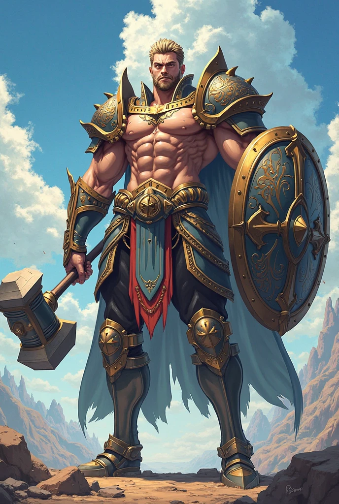 (Masterpiece), (Extreme), (Super detailed), (Full Body), a Viking in golden armor, holding a shield in his left hand and a hammer in his right hand coming out of lightning, full body image, futuristic detailed background, strong man, radiating a golden light from the armor, muscular, showing the abdominal muscles, abdominal muscles to show, in attack position, angry expression,  Show the shield in detail