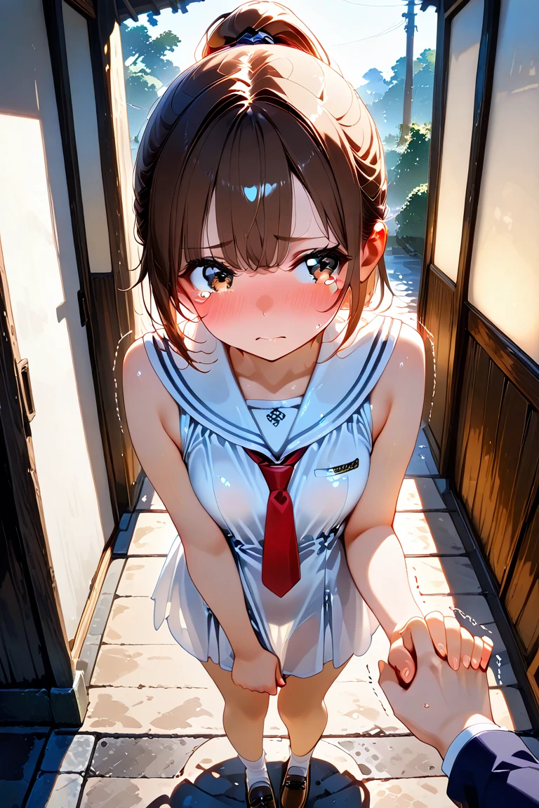 realistically, brown eyes, ponytail, glowing eyes, white short skirt, extra short skirt, Blush, daytime, Wet from the rain, see through, sleeveless shirt, nipples, panties, ??????, embarrass, Sit with your knees raised, windy, yuuki mikan, the skirt is turned up, highest quality, High resolution, highly detailed face, perfect lighting, highest detailed CG, perfect hands, perfect ???????, wind blow skirt up, small breast