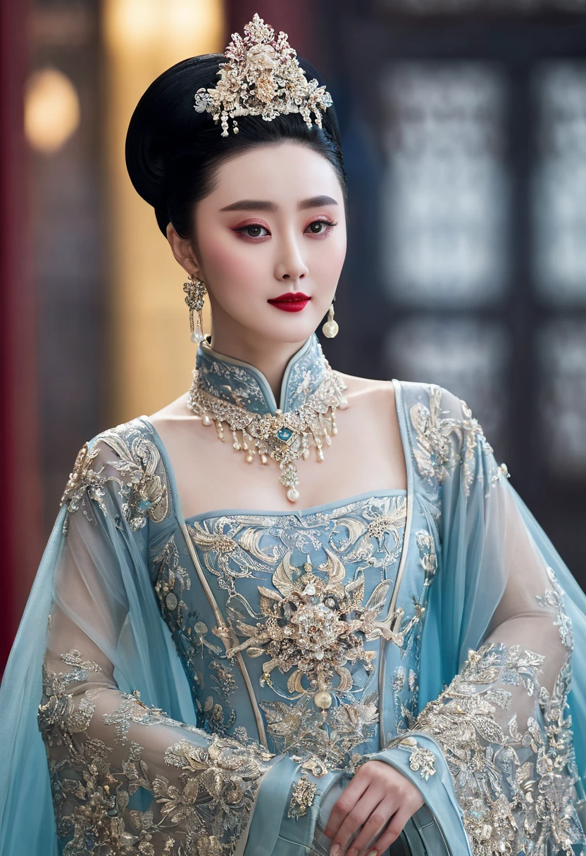 An authoritative a true scene of a breathtaking beautiful and celestial and majestic chinese lady resembling fan bingbing who is an honorable royal empress of china with large elegant, hawk-like-nose, who embodies old fashioned class, sophistication, elgance as well as wholesome, natural beauty. curvy, thin-waist, wide-hips, swaying-hips. Laura Vandervoort. Insnely Oppulent and majestic sequined square neck historically accurate victorian coronation multi layered tulle huge and long ancient hanfu or any ancient traditional dress of china with long tulle floating sleeves and a hint of seductive cleavage and it must be fancy like an aged empress, the beauty of her face is devilishly high and hypnotic and her eyes are like pearls with wicked smile. It is a promise of seduction as her huge breasts swirls out and makes you to edge on your orgasm, striking evil makeup with pure red lipstick that tempts to look more and more and fee'l scorned and humiliated by her beauty. she is in her coronation ceremony. hint of seductive cleavage makes men to submit to her. her hairstyle is a royal puffy huge Thick updo. her gaze is seductively dominant and powerful and majestic with intense charismatic. you will be forced to look at her seductive cleavage and aroused and kneel and then prostrate and worship her. the way her gaze shows and whispers: ‘Kneel and worship me my servant and show your humility as a good slave.’if you watched at her you must immediately kneel and prostrate and if you don't, you shall feel extremely horny by the hint of her seductive cleavage a burst into a huge orgasm. she will force you to kneel and prostrate at her like a god whether you like it or not. you will feel possessed by her bewitching beauty and voluptuous power and she will force you to kneel and prostrate at her like a god whether you like it or not. you will feel possessed by her bewitching beauty and voluptuous power and she sees that you will be forced to kneel with her possessive power of her