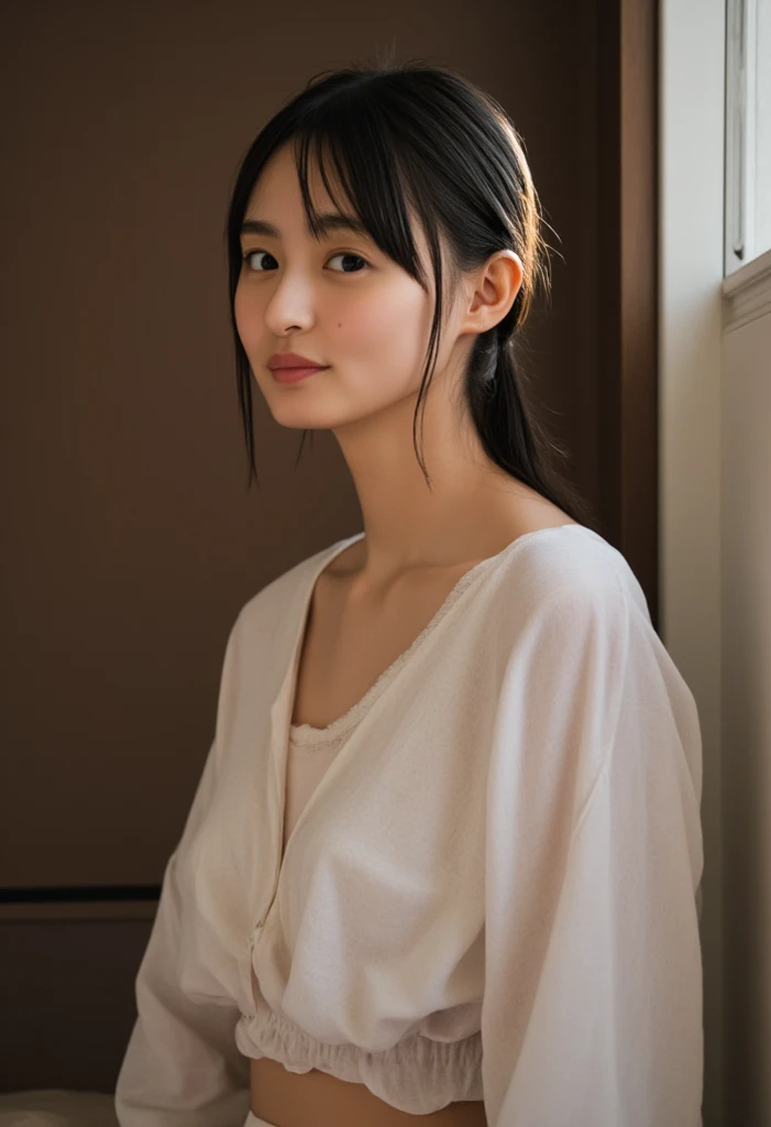 (Photograph from head to chest:2.0),A look of contempt:1.0, ((Extremely precise and accurate anatomy:1.1)), (photo realistic:1.4), (Hyper realistic:1.4), (Highest quality realistic skin textures:1.4), (Improvement of quality:1.4), (Enhances the beauty of skin texture:1.1), Clean and shiny,Small breasts、Lift your chin a little、 (A thin mini T-shirt that clings closely to the skin:1.5), (A soaked, see-through mini T-shirt:1.3), Realistic lighting, (Smoother lighting:1.05), (Improving the quality of cinema lighting:0.9), A gentle light for your face, Ray Tracing, (Bright light:1.2), 32K, One Japanese woman, fine grain, Detailed face, (Film Grain:1.1),(Accentuates body lines:1.1), High resolution, Natural look, look down, Improves hair quality, Delicate light and shadow, Perfect Anatomy, Graceful pose, Beautiful Eyes, Sharp details, Soft light reflection, Beautiful contours, Delicate skin tone, Fine hair texture,Cute Japanese Women Photos, Little Woman, 29-year-old, Beautiful and perfect face, brown, Beautiful Face,Beautiful breasts、Beautiful breastsの谷間、Detailed breast shape、Detailed armpits、