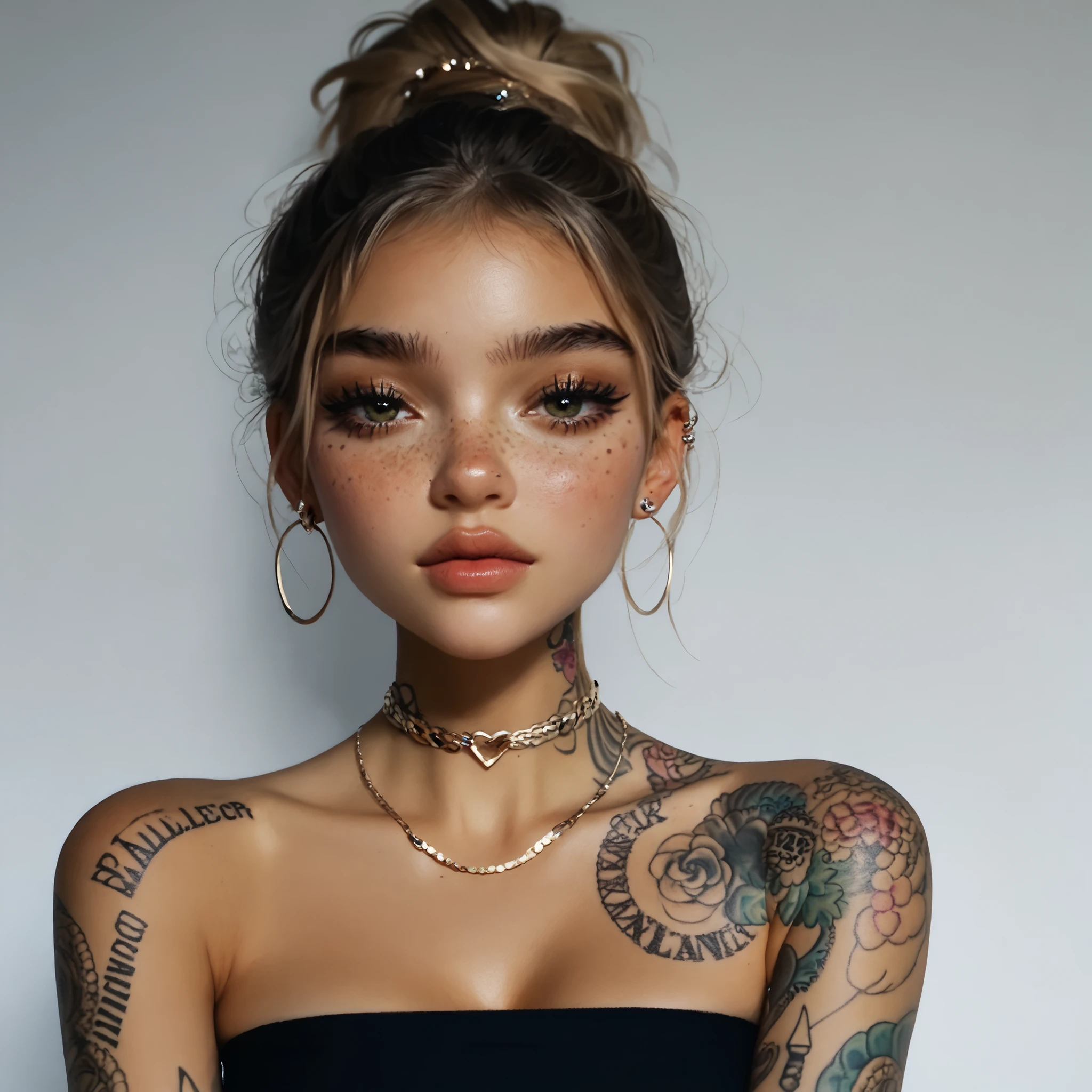 24 year old girl, influencer, model, beautiful, mascara, nose blush, freckles, tube top, piercings, tattoos, slender, slim,