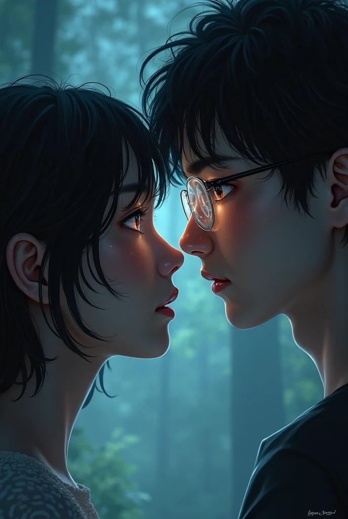 A girl with short black hair with a mole under her right eye gets hypnotized by a boy with glasses