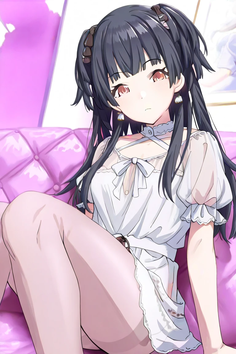 score_9, score_8_up, score_7_up, score_6_up BREAK source_anime, ishtar, long hair, black hair, ribbon, hair ribbon, two side up, red eyes, parted bangs, crown, 1girl, virgin destroyer sweater,  wide hips, on her back, spread legs, cameltoe, fingering her pussy, masturbate, POV, The background is a  bedroom