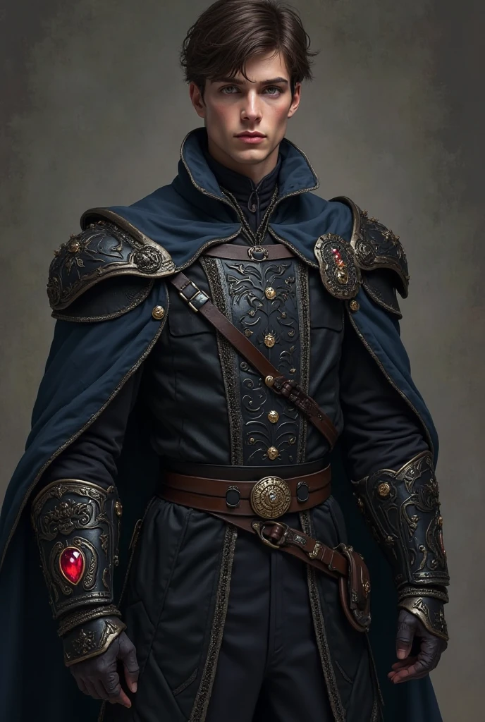 Young male fantasy noble warrior, around 22 years old, tall and well-built with a regal, confident posture. Light skin, sharp amber eyes filled with determination, and short, slightly tousled dark brown hair. He wears elegant but practical noble clothing in dark, rich tones — a deep black and dark blue outfit with subtle silver accents, designed for both nobility and mobility. His clothes are finely tailored, with a cloak draped over his shoulders, marked with a faint family crest. Only on his right hand, he wears a distinct plate gauntlet , forged from black steel and adorned with a large ruby gem at its center, glowing with faint ancient runes, exuding an aura of power. No armor, just the noble attire with intricate details and a noble yet humble air about him. He carries no weapon at the moment, but his stance shows readiness and inner strength. Fantasy art style, high detail, cinematic lighting that emphasizes his noble presence and the mystery of his future path.