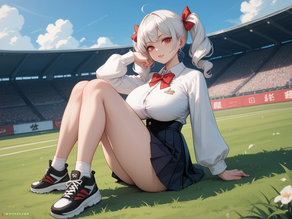 1girl, solo, white hair, red pink eyes, masterpiece, best quality, looking at viewer, full body, adult, cat ears, cat tail, detailed, small breasts, comfortable clothes, hd, pixiv, 4k, detailed, hyperdetailed, socks, shoes, clear sky, baseball game, baseball stadium, phillies, sitting on seat, stadium seats, cheering, night, fireworks, nosebleed seats