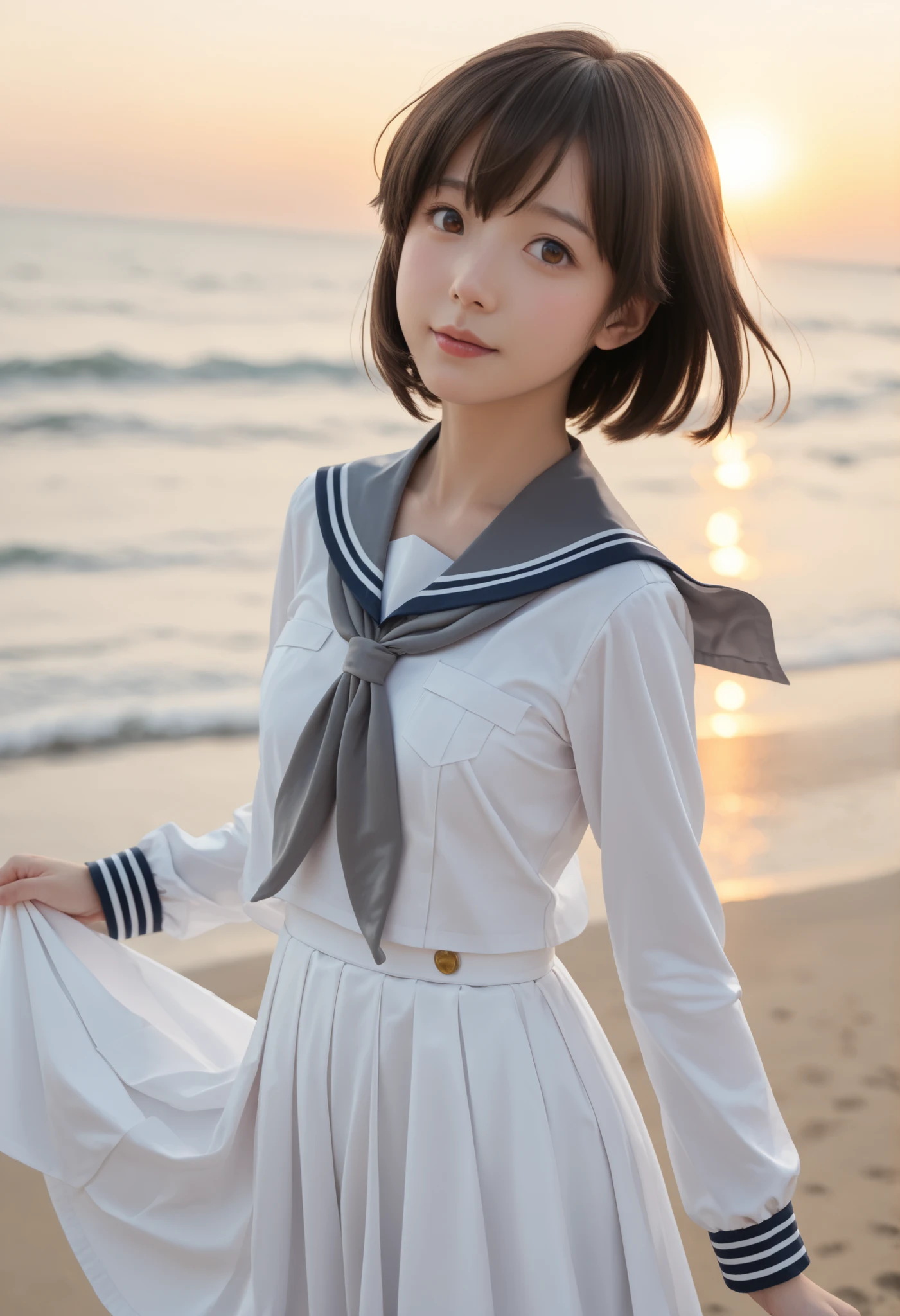 realistic, pictures, (cute:1.2),score_9,score_8_up,score_7_up,sauce_anime,cowboy shot,masterpiece,top quality,Detail Background,very detailed,1 girl,1 girl,yukikaze (KanColle), brown hair, brown eyes in the oral vagina,small breasts,short hair, sailor dress,dress,sailor color,long sleeve,neckerchief,grey neckerchief,white dress,black sailor color,dawn,looked back,sea, skirt lift, panties