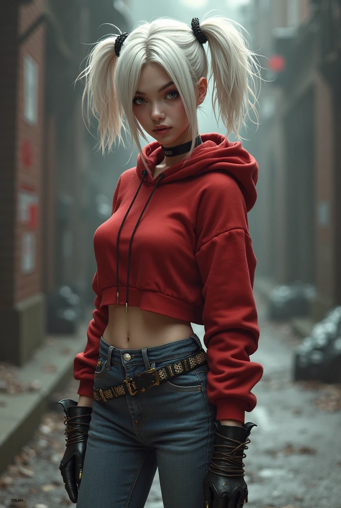 ???? girl with white hair in pigtails, red hoodie, skin tight jeans and boots 
