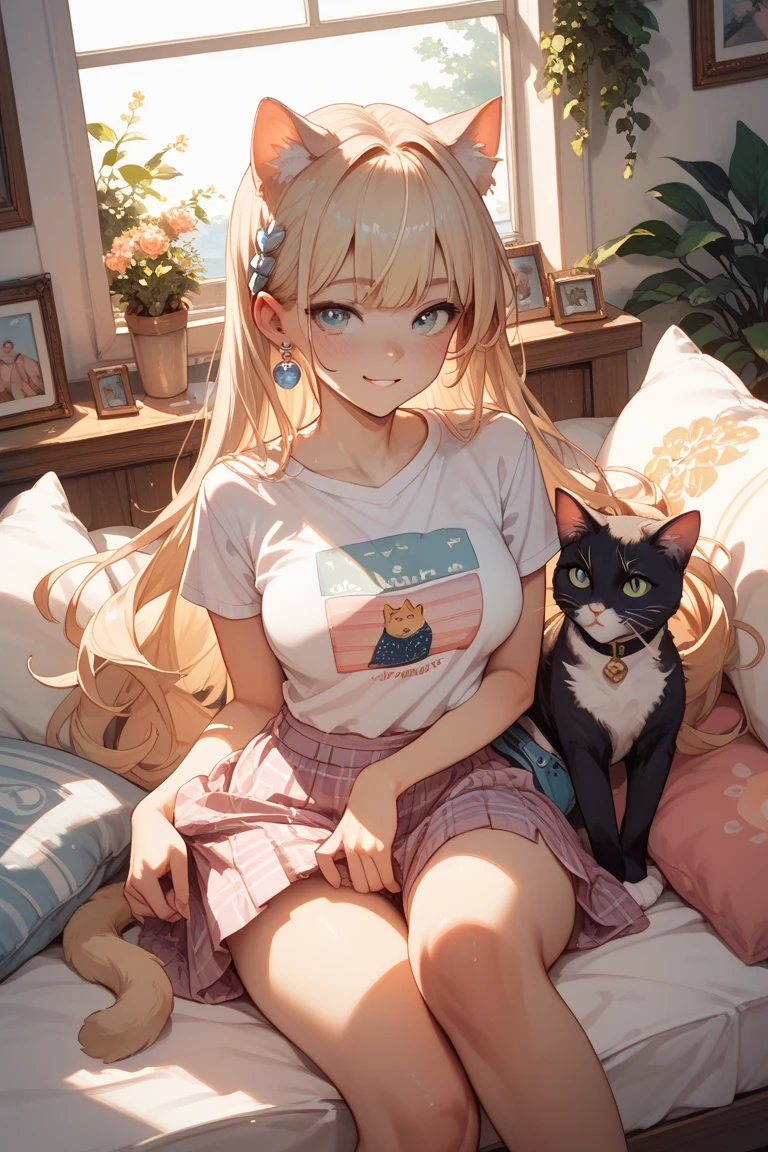 (highest quality:1.2, Very detailed, up to date, Vibrant, Ultra-high resolution, High Contrast, masterpiece:1.2, highest quality, Best aesthetics), Portraiture、girl、slim, Bright colors、Beautiful fine details、Beautiful lip detail、long hair, ((wavy hair:0.4))、messy hair, blonde and blue ((streaked hair:1.3)), highlights hair: 1.3, midium breast, (tan skin:1.3), 、t-shirt、(Holding a cat to her chest:1), sofa, smile, cowboy shot,, She is accompanied by her faithful friend, black cat