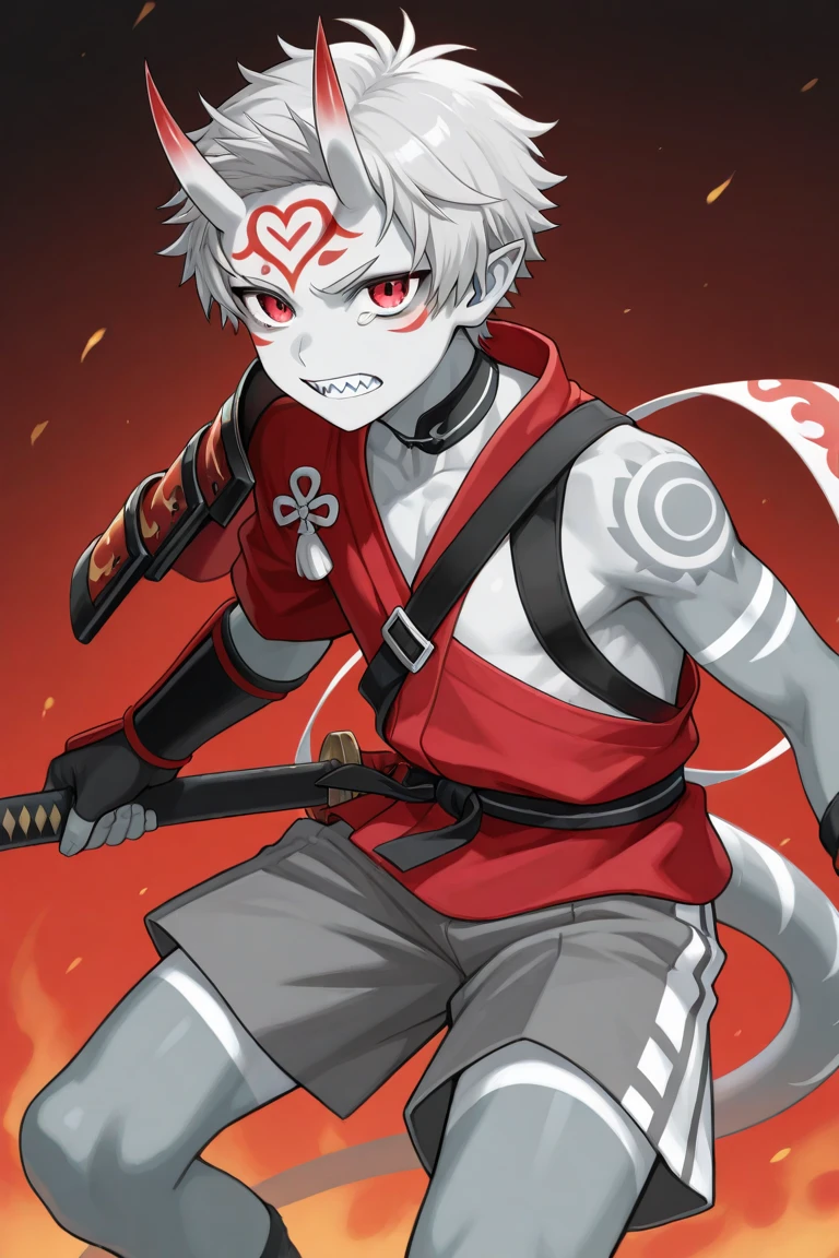 Rakshasa-ten Black eyes White horns White short hair Black ninja costume Torii Male Full moon Fangs