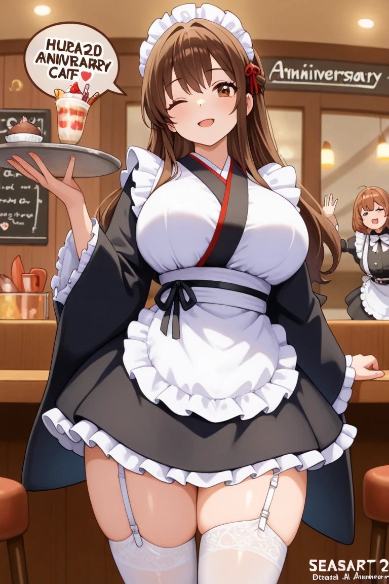 realistic, masterpiece, highest quality, (fine eyes), one high school girl, huge breasts, Sweat, night, outdoor, lively restaurant, Micro bikini tucked in, Micro bikini with only strings, wet face, wet body, ponytail, earrings,  white apron,  Plump short sleeves, between the breasts, small tray, mole on chest, central opening,  bow tie, pelvic curtain, (wide hips), (grin and laugh :1.1)
