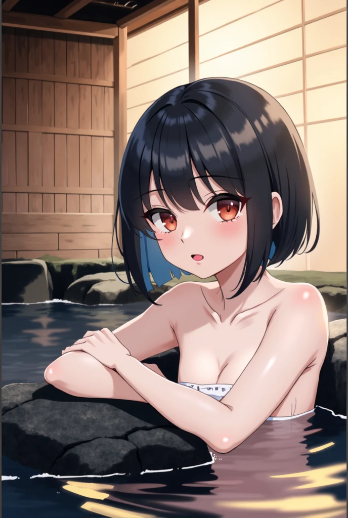 Black Haired Beautiful Girl、Brown eyes、A smile、Large public bath、NSFW、Bun hair、