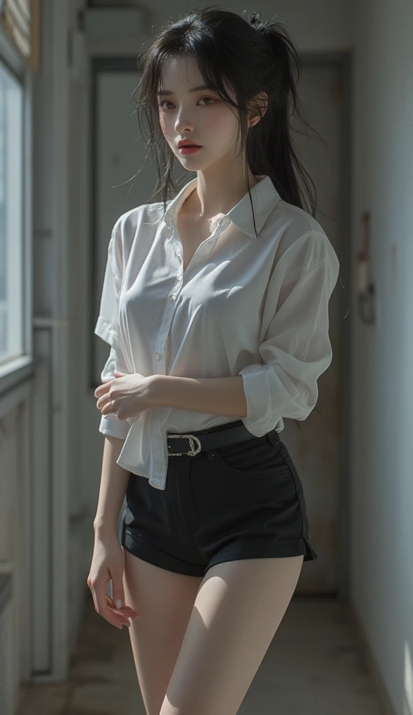 1 girl, full body, indistinct, detailed clothes, black tights, indistinct, sexual white shirt, long legs, (delicate illustration:1.4),(masterpiece:1.0), (best quality:1.4), (ultra highres:1.2), (photorealistic:1.4), (8k, RAW photo:1.2), (soft focus:1.4), (18yo:1.3), (sharp focus:1.4), detailed beautiful face