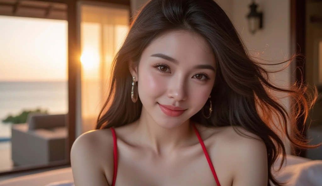 (highest quality、table top、8k、best image quality、Award-winning work)、(one young girl, 14 years old:1.3)、no sleeve, (red eyeshadow:1.2)、perfect makeup、long eyelashes、Super high-definition sparkling eyes、ultra high definition hair、ultra high resolution glossy lips、Super high resolution perfect teeth、Super high resolution cute face、brown hair、(very short straight hair:1.1)、look at me and smile、[clavicle]、accurate anatomy、(close up of face:1.5)、Luxury love hotel、(The most moody warm lighting:1.2)、blurred background、With bangs、Super high-resolution glossy and moisturized face、Super high resolutio n glowing skin、most detailed face、Ultra high resolution detailed faces、ultra high resolution hair、Fashion model 25 years old [[[[close-up]]], [[[[chest]]]], [[[[neck]]], [shoulders]]]]], Perfect eyes, Perfect iris, Perfect lips, Perfect teeth, Perfect skin, Soft front light, Glow, HDR, (Soft color: 1.2), Best quality, masterpiece, ultra high res, (photorealistic:1.37), raw photo, 1girl, long hair, beautifull eyes, beautifull face, detailed eyes and face, t-shirt, dynamic lighting, in the dark, table top, highest quality, realistic, Super detailed, finely, High resolution, 8k wallpaper, 1 beautiful woman, light brown messy hair, He is wearing an open-necked shirt., sharp focus, perfect dynamic composition, beautiful and detailed eyes, thin hair, Detailed realistic skin texture, smile, upper body, model body shape, mile, close-up portrait, model body shape, Big breasts、body shape,cleavage, tropical beach, thin and long legs Translated with DeepL.com (free version)Top Quality, Masterpiece, (Realistic:1.2), 1 girl, detailed face, beautiful eyes, (Masterpiece:1.2, Top Quality), (fine beautiful eyes: 1. 2), (highly detailed Cg Unity 8K wallpaper, Masterpiece, Top Quality, super detailed, best shaSuper high resolution sparkling eyes、Beautiful face drawn in every detail、Super high resolution glossy red lips、cleavage、Fashionable necklaces、camisole, ((masterpiece)), (ultra detailed