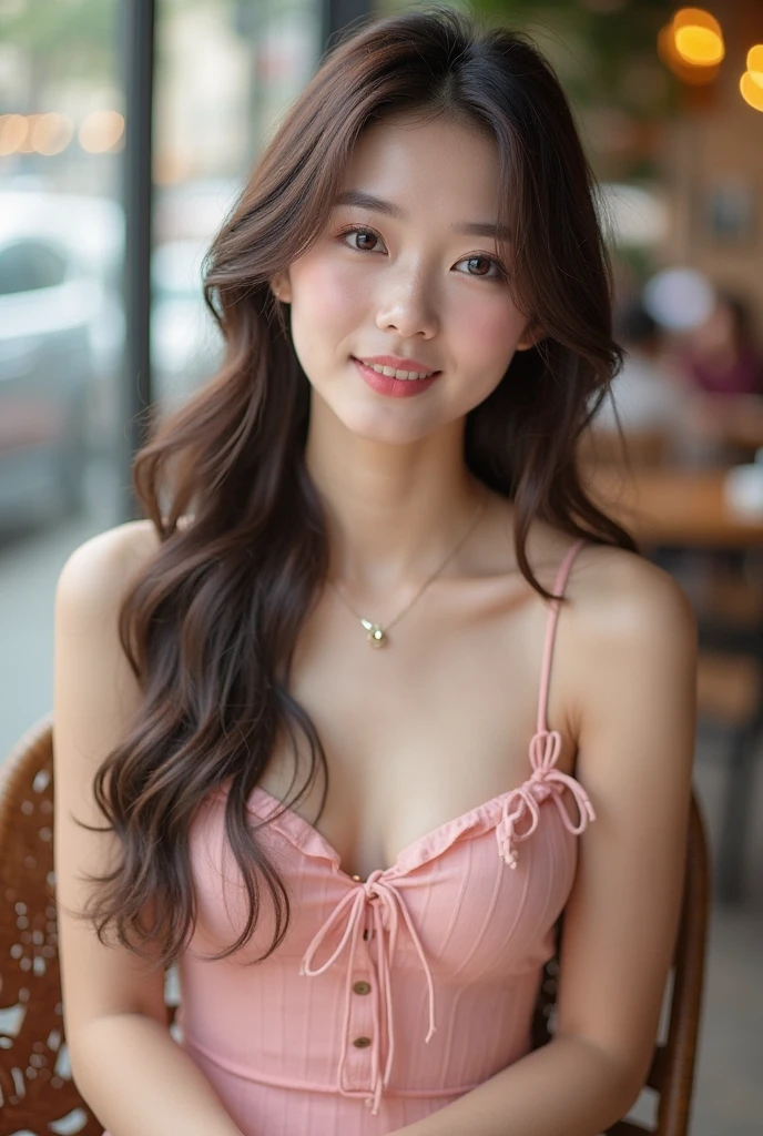 UHD, Extreme close-up of cute Korean female,Chest size 32 inches, wavy hair, slightly smile, wearing purple striped tank top, sitting in coffee shop , bokeh background