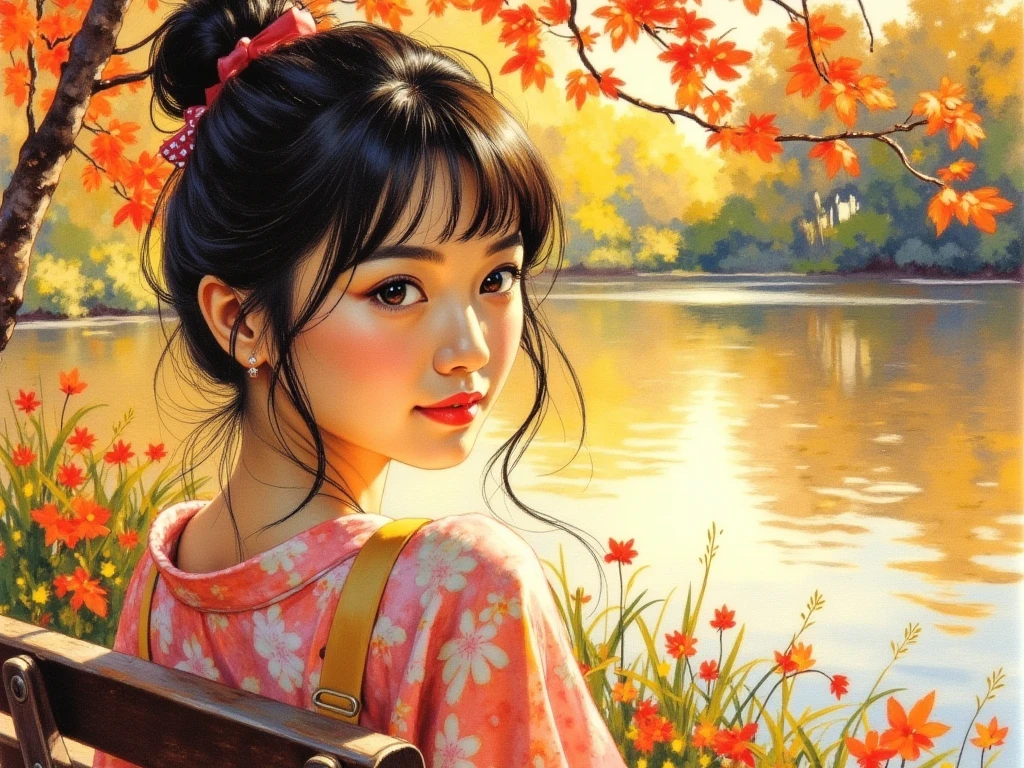 Impressionistic Watercolors painting, A close-up portrait of a young japanese woman sit on bench garden lake in warm sunser,  The background is a painterly mix of variant warm colorsb, giving the image a rich, oil painting texture. Cinematic lighting, deep shadows, and dramatic color contrast emphasize the depth and emotion in her gaze., Heavy chiaroscuro. Golden light reflecting,  Vibrant colour palette with earthy tones. Thick brushstrokes. Masterpiece. High detail. Realistic. Atmospheric, Impressionism, Depth Of Field, glaring eyes, sweet smile,