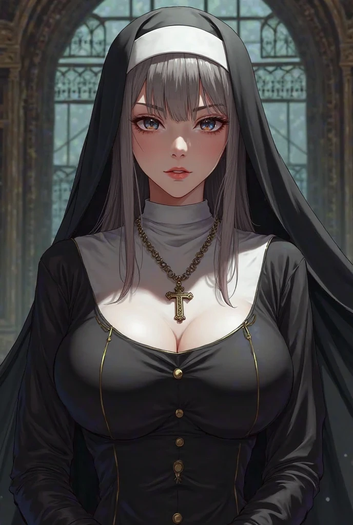 A white man, Elizabeth Olsen,exquisite facial features,red eyes, black color hair, Wear bevel, femele'Miter'clothes with cross, sit under the throne, A queen,Enchanting figure,Exaggerated proportions, Bigchest,Thigh thick, wide waist, in a medieval cathedral , She has horns.Raised sexy