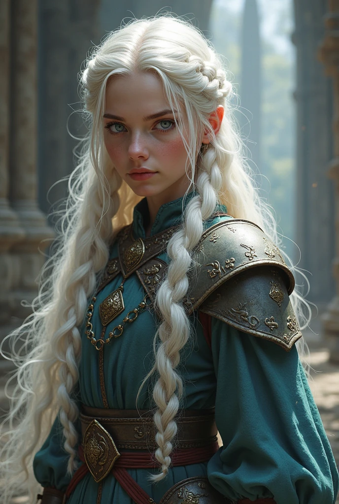 „A fantasy character named Wren: a young girl with long braided white hair, piercing blue eyes, wearing elegant medieval-inspired battle attire. She has a determined expression on her face, standing in a dramatic pose, with a detailed and atmospheric background.“