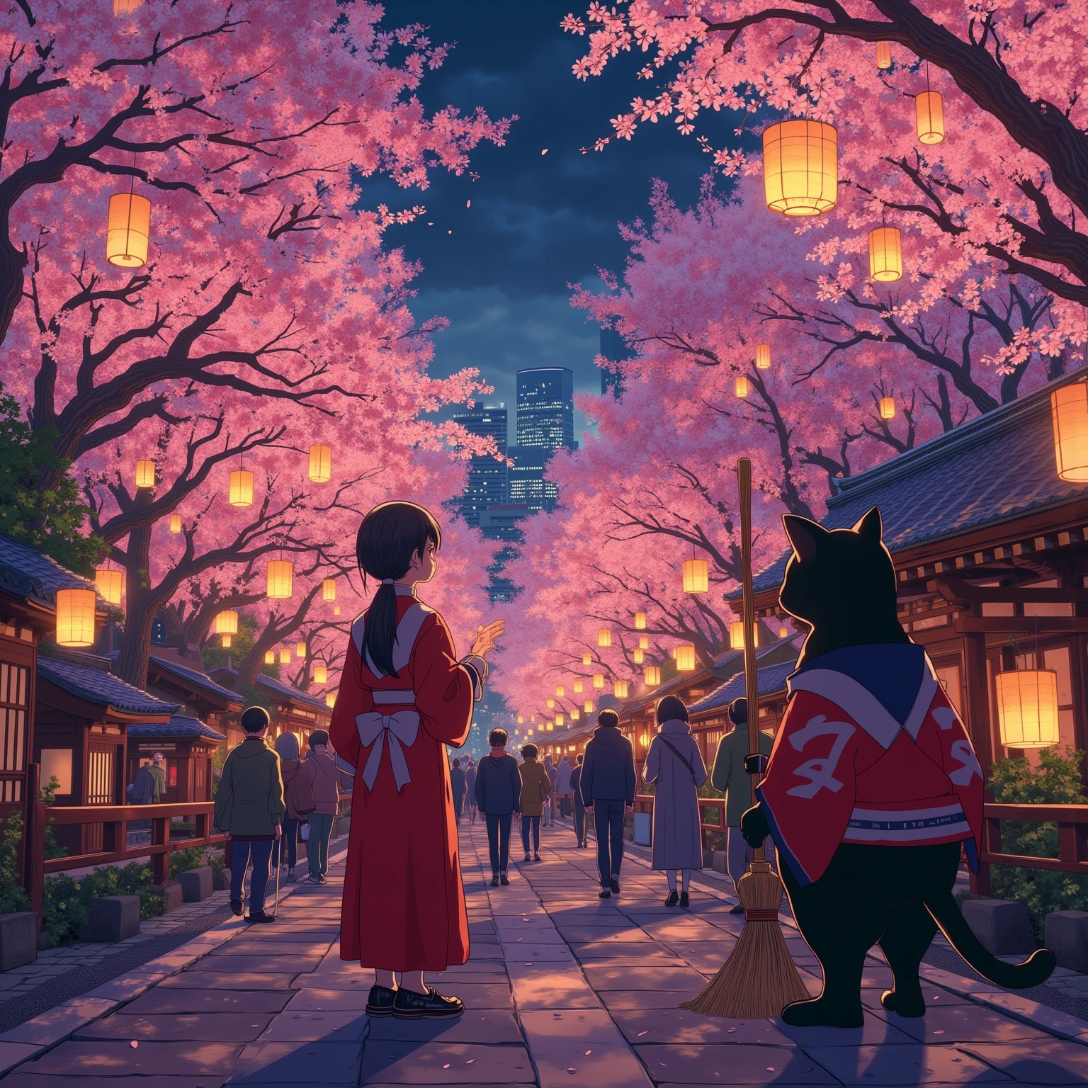 score_9 , score_8_up , score_7_up , score_6_up , score_5_up , score_4_up , source_realistic_pictures , Ultra-realistic , Photorealistic , Ultra-realistic , Photorealistic , Dramatic Scene , Global Illumination , At a Japanese shrine where the cherry blossoms are in full bloom, a huge black cat wearing a shrine maiden costume looks up at the many cherry blossoms planted in the shrine while working part-time as a cleaner. In its front paws it holds a bamboo broom. A cute Japanese woman in her 20s with a ponytail is also wearing the same shrine maiden costume as the black cat, and is enjoying cherry blossom viewing, looking at the cherry trees in the same direction as the black cat. A shrine where cherry blossoms bloom at night, lanterns are hanging from the cherry trees in full bloom, and the cherry trees are brightly lit up here and there. A night cherry blossom festival is being held at a Japanese shrine rich in nature. People taking part in festivals, cherry blossom parties, tourists admiring the cherry blossoms, and in the distance a city lined with buildings with lit windows.