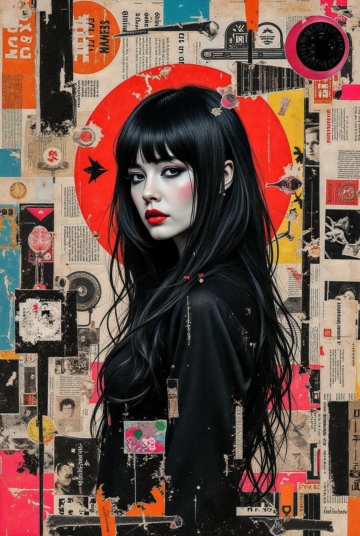A surreal retro collage artwork composed of vintage magazine cutouts, chaotic and rebellious composition, torn paper textures, bold pop colors, absurd juxtapositions, nostalgic aesthetic. Hidden within the vibrant scene is a black and white Irish-korean goth woman from the ring horror retro style — subtly integrated, fragmented and partially obscured, standing still amidst the chaos. At first glance, unnoticeable, but revealed upon closer inspection. Evokes mystery and contrast, blending nostalgia with quiet defiance.