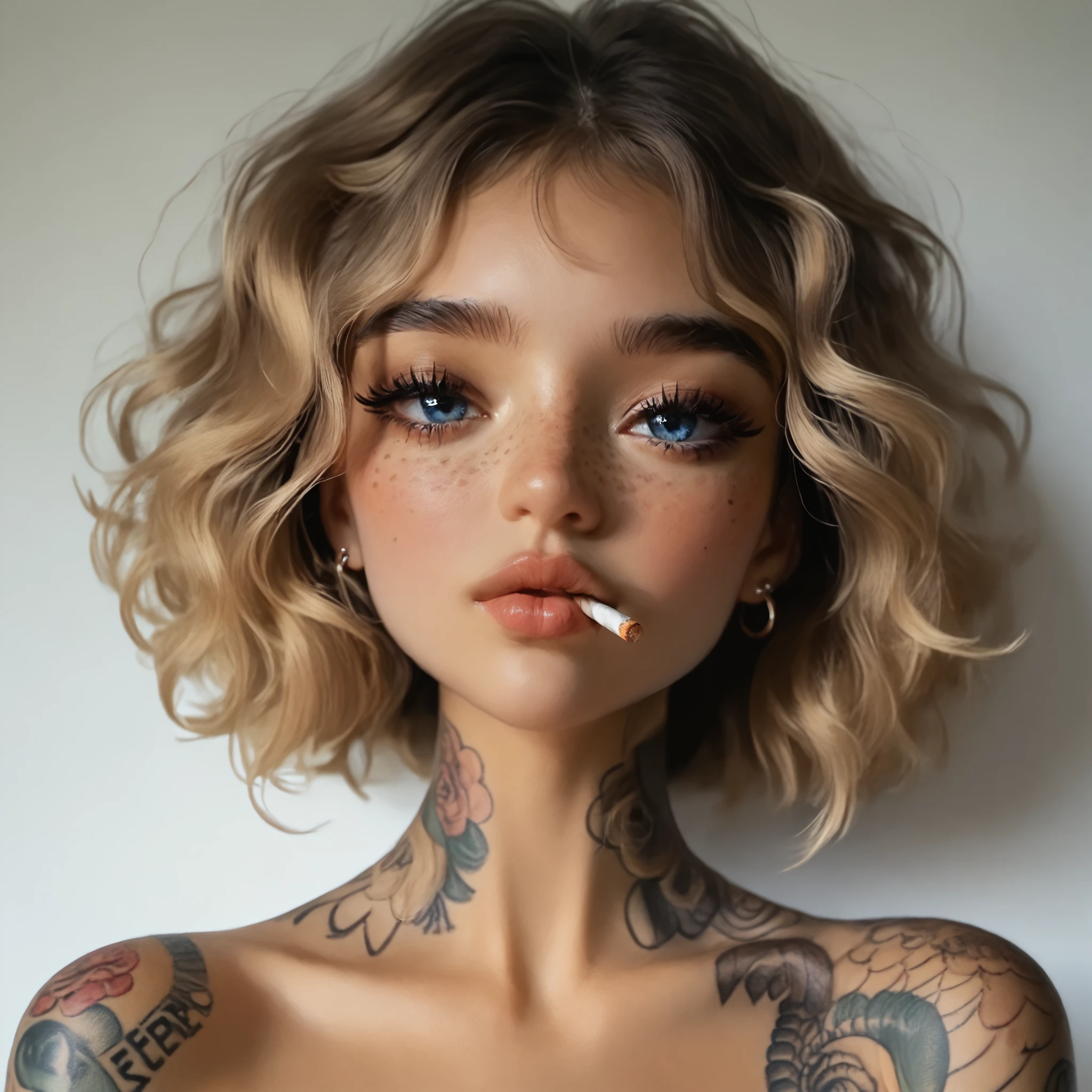 24 year old girl, influencer, model, beautiful, heavy mascara, heavy eyeliner, nose blush, freckles, tube top, tattoos, slender, slim, blue eyes, cigarette in mouth