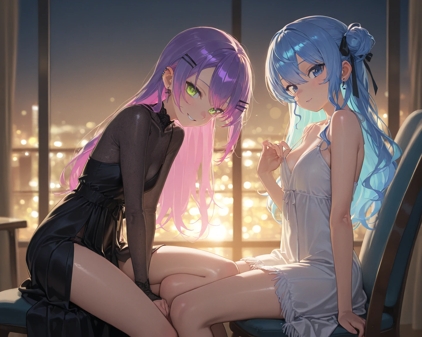 Three girls standing in the park at night,Clear sky in the background. Park benches and soft lighting, Rear photo, (Side photography), looking back at the viewer, (Masterpiece), ((Ultra-detailed)), (Highly detailed), (Expressionless), (Best quality: 1.2), 8K, hdr, A high resolution, absurderes: 1.2, Object perspective, Blurred background, Bokeh: 1.1, Lens flare, (vivd colour: 1.2), High quality texture, Detailed texture, High-quality lighting and shadows, a face with perfect proportion, full bodyesbian, Mature and excited body, Detailed skin texture, vibrant, pale and radiant skin, natural saggy breasts, gigantic bosom: 1.5, High waist, Narrow waist: 1.3, Wide hips, Full buttocks, Detailed beautiful face, (PureErosFace_V1:1.3)(Ulzzang-6500:0.4) Detailed beautiful eyes, Symmetrical eyes, Perfect eyes, Seductive eyes, Beautiful nose, High nose, Clear blush, Detailed lips, Earrings, hoop earings, necklace, jewelry, Sapphire heart necklace, Silver-toned high-heeled sandals, Seductive expression, Smile, Perfect hands, Delicate and beautiful fingers, Detailed beautiful legs, photo-realistic hair, detailed hairs, (Silver dress, Red dress, Blue dress), Chisato Nishiki, Long hair, Blonde hair, (Red eyes: 1.5), Hair ribbon, Bob cut, Red hair ribbon,),Huge breasts,Japan goddess,Blush,2 goddesses,Kissing on the road,huge tit,