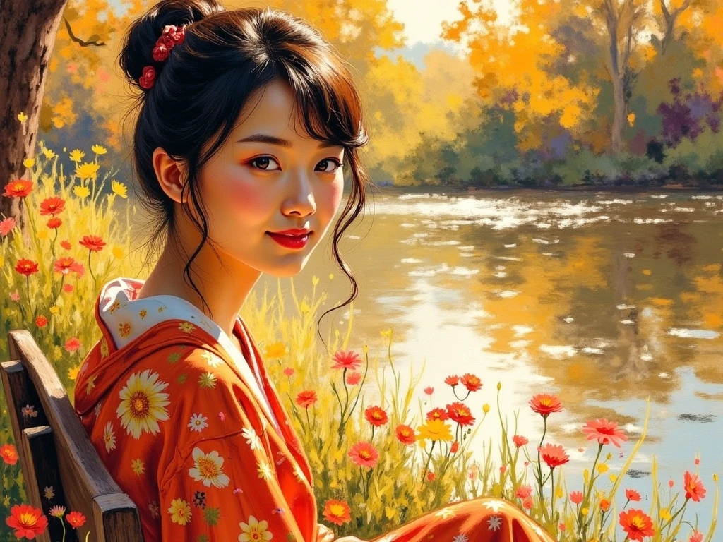 Impressionistic Watercolors painting, A close-up portrait of a young japanese woman sit on bench garden lake in warm sunser,  The background is a painterly mix of variant warm colors, giving the image a rich, oil painting texture. Cinematic lighting, deep contra shadows, and dramatic color contrast emphasize the depth and emotion in her gaze., Heavy chiaroscuro. Golden light reflecting,  Vibrant colour palette with earthy tones. Thick brushstrokes. Masterpiece. High detail. Realistic. Atmospheric, Impressionism, Depth Of Field, glaring eyes, sweet smile,