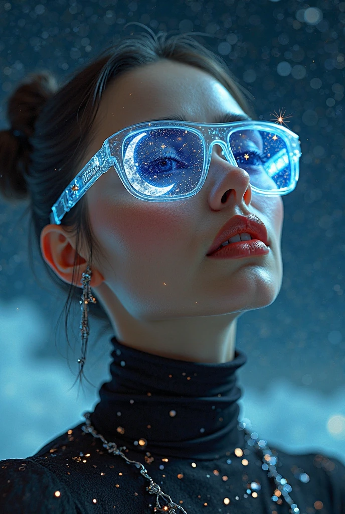 The model wears glass sunglasses with stars and the moon in the glass